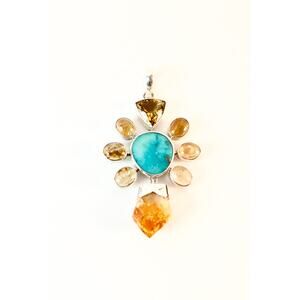 Sleeping Beauty Mine Turquoise Citrine Rutile Quartz Sterling Silver Pendant